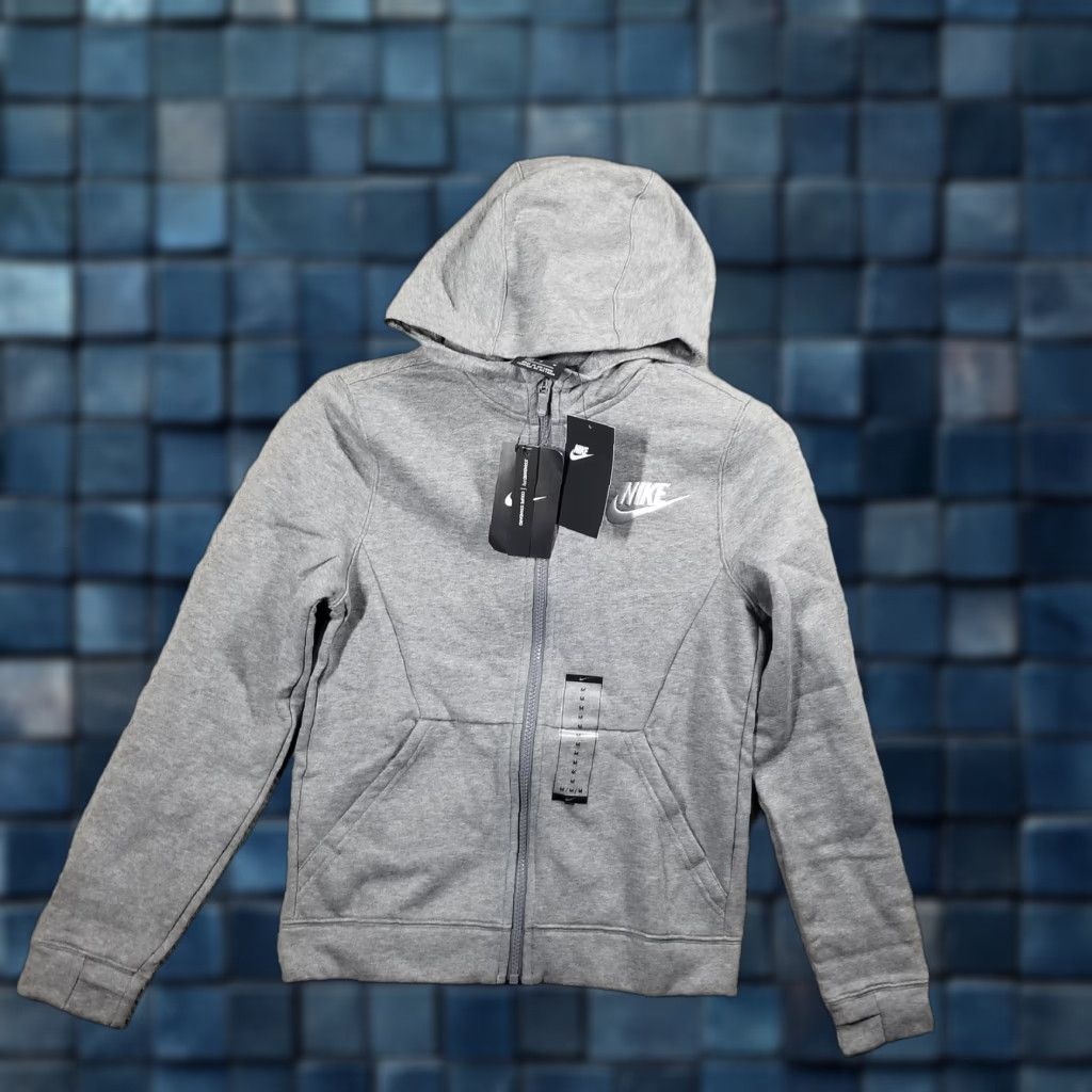 Nike Hoodie Boys Medium Gray Full Zip Swoosh Logo Sportswear Fleece Jacket