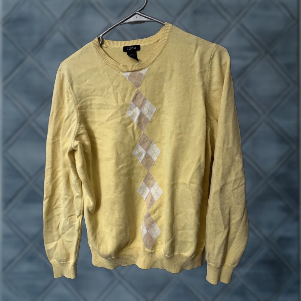 Izod Izod Sweater Men's Large Yellow 100% Cotton Argyle Crew Neck Pullover Excellent Size US L / EU 52-54 / 3 - 1 Thumbnail