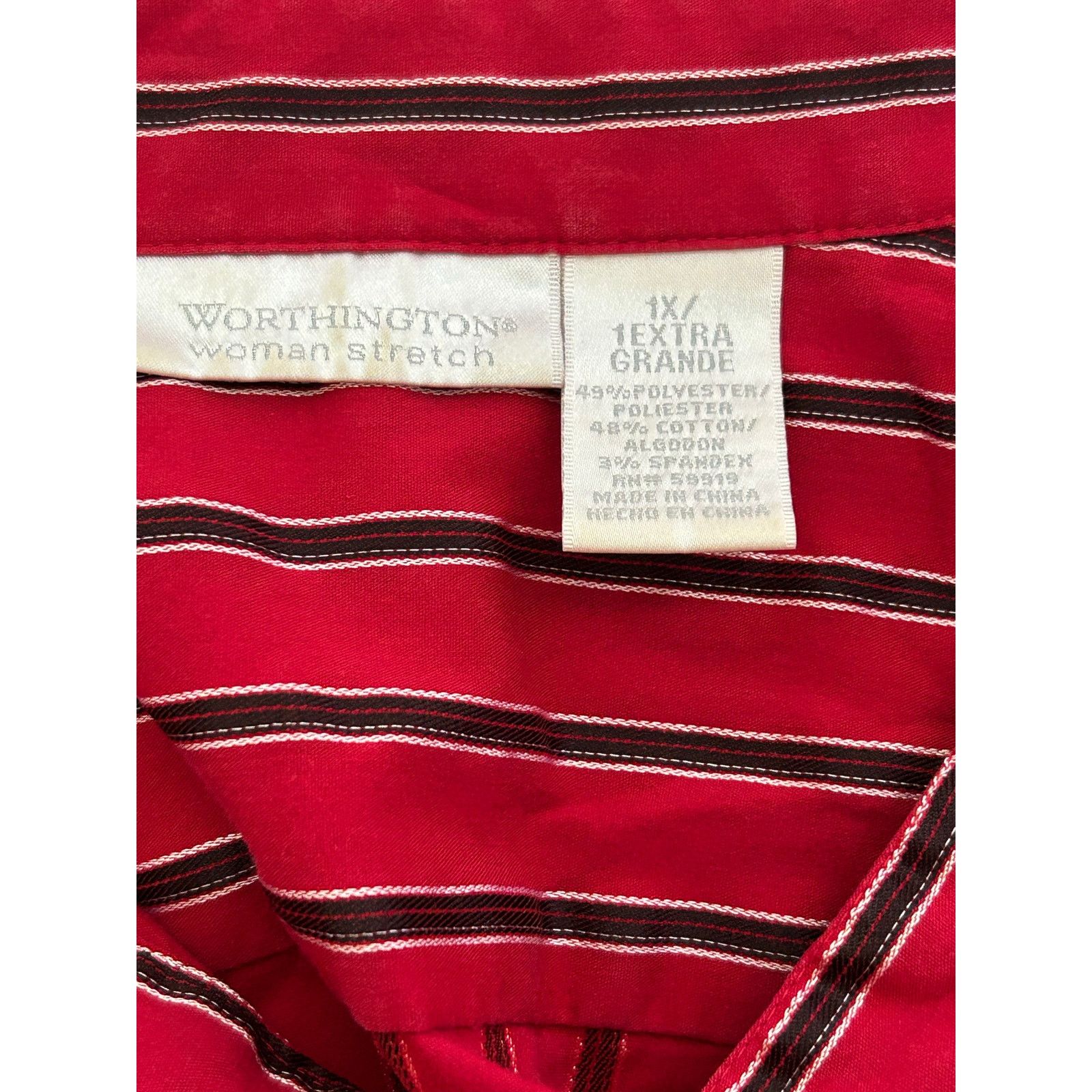 Worthington Worthington Red Black Stripe Button Down Blouse 1X Size XXL / US 16-18 / IT 52-54 - 7 Thumbnail