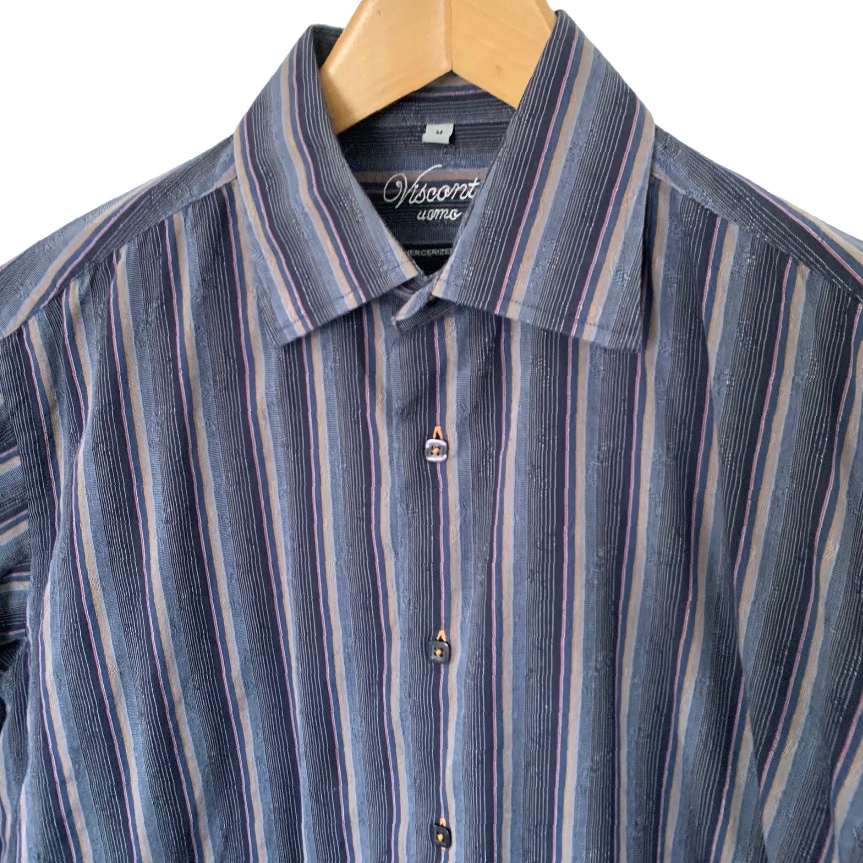 Vintage Visconti Uomo Shirt Mens M Blue Striped Button-Up Cuffs 2-Ply Mercerized Cotton Classic/Business Casual Formal Size US M / EU 48-50 / 2 - 7 Thumbnail