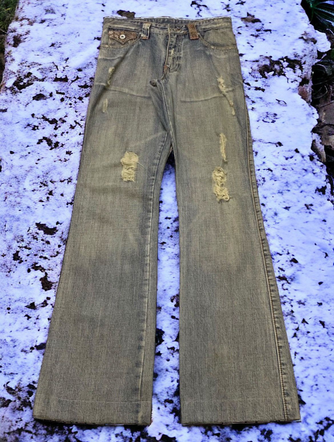 Takaio Japan Snake Trimmed Mud Wash Flared Distressed Jeans
