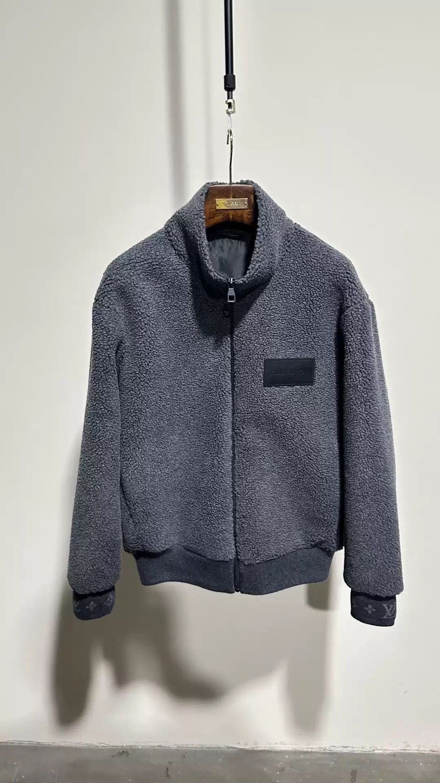 image of Louis Vuitton Leather Patch Fleece Blouson in Grey, Men's (Size Small)