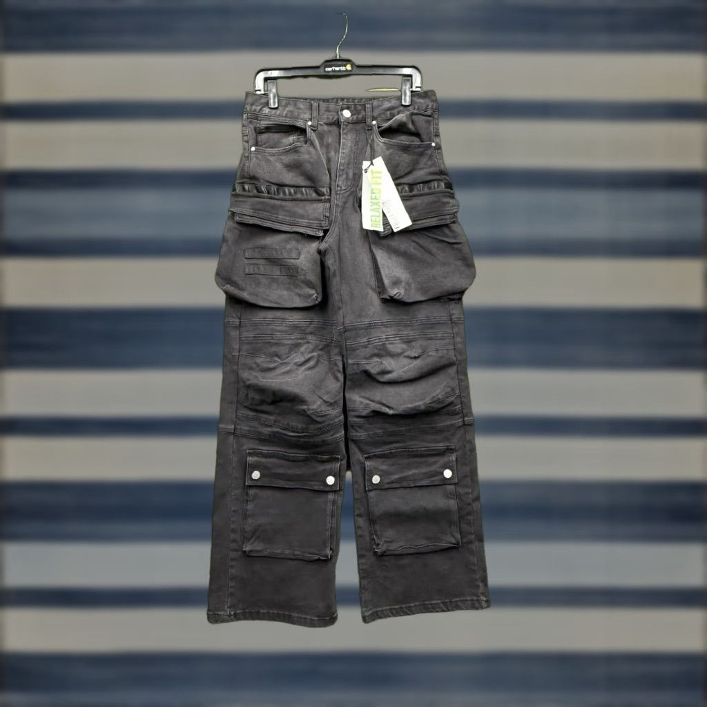 Vintage First Row Pants Mens 30 Black Denim Cargo Wide Leg Baggy Y2K 90s Pockets Size US 30 / EU 46 - 1 Thumbnail