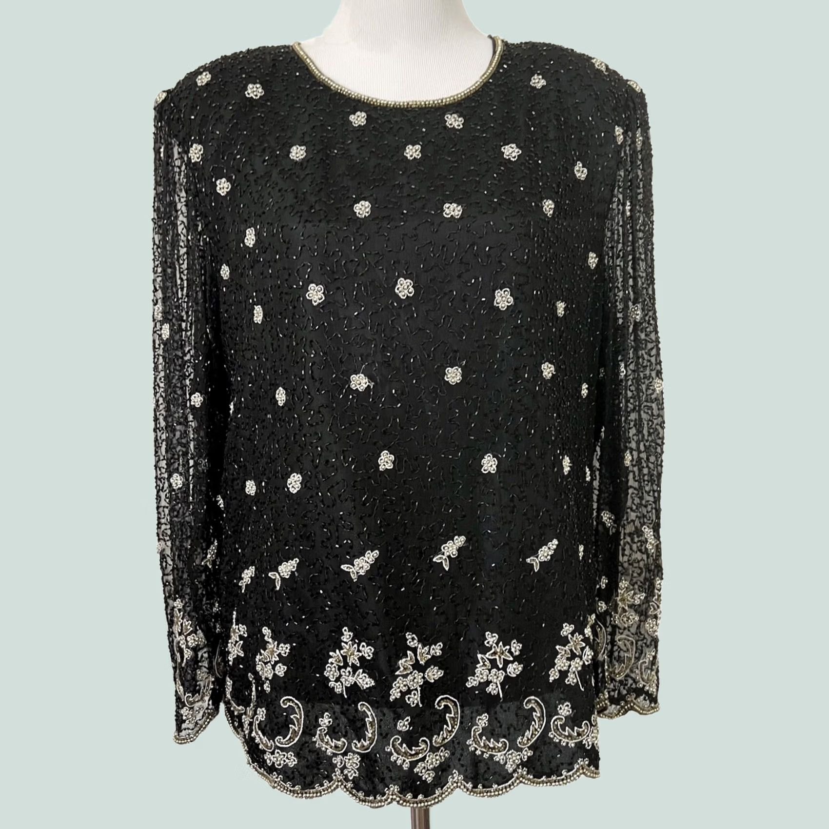 Vintage VINTAGE Laurence Kazar Black Beaded Silk Top Blouse 1X Long Sleeve Eveningwear Shirt Former 80s Womens Size XL / US 12-14 / IT 48-50 - 1 Thumbnail