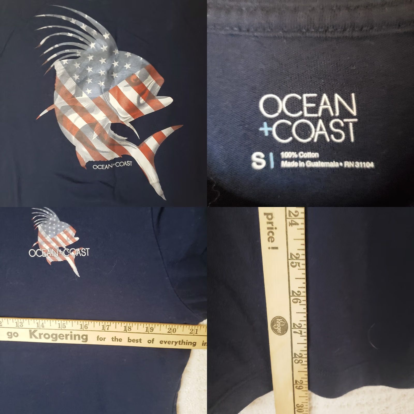 Vintage Ocean + Coast Mens S Navy Blue SS T-Shirt American Flag Roosterfish Size US S / EU 44-46 / 1 - 8 Thumbnail