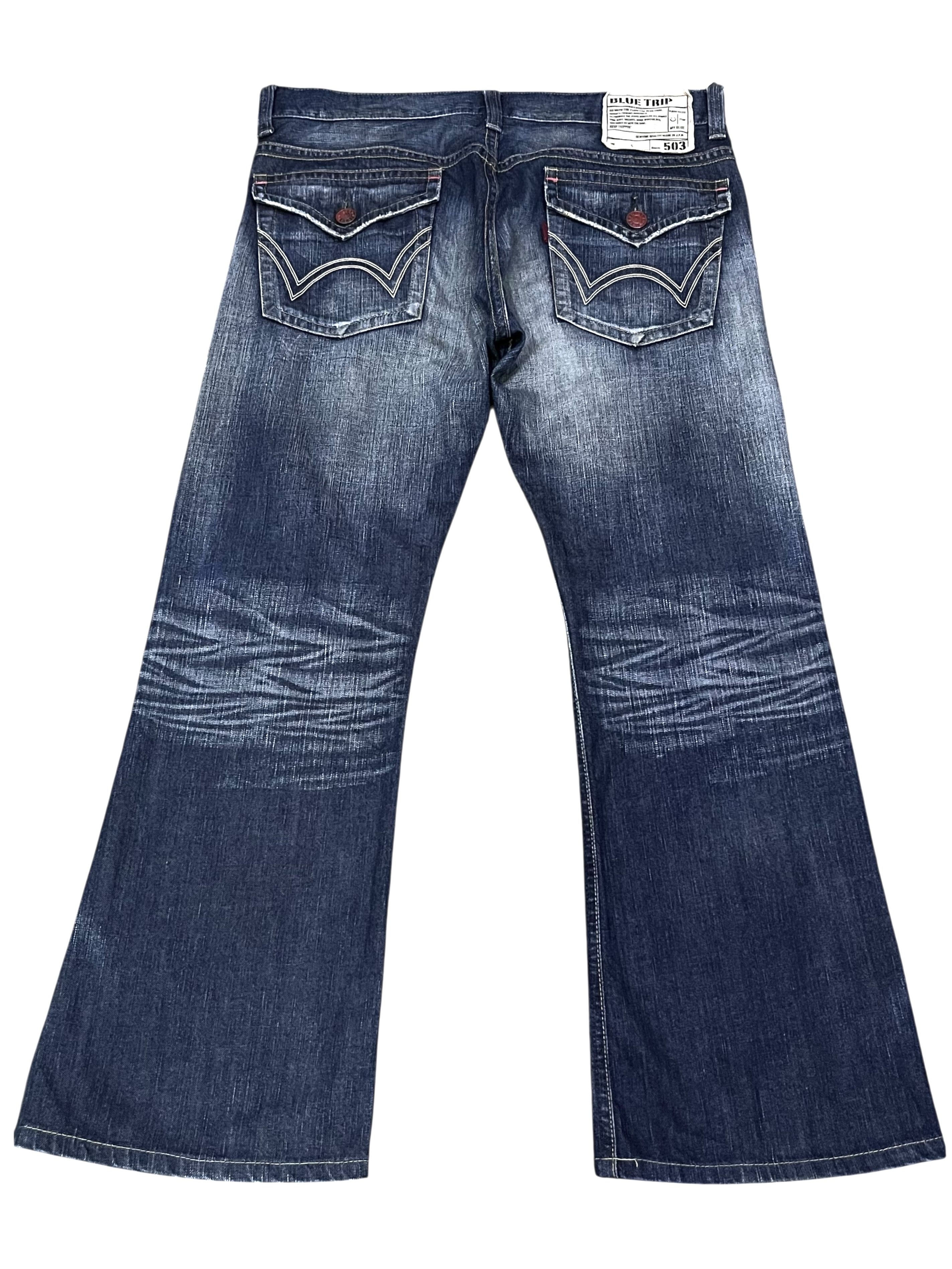 Kapital Edwin 503 Blue Trip Distressed Ripped Flare Jeans Y2K Japan Size US 34 / EU 50 - 3 Thumbnail