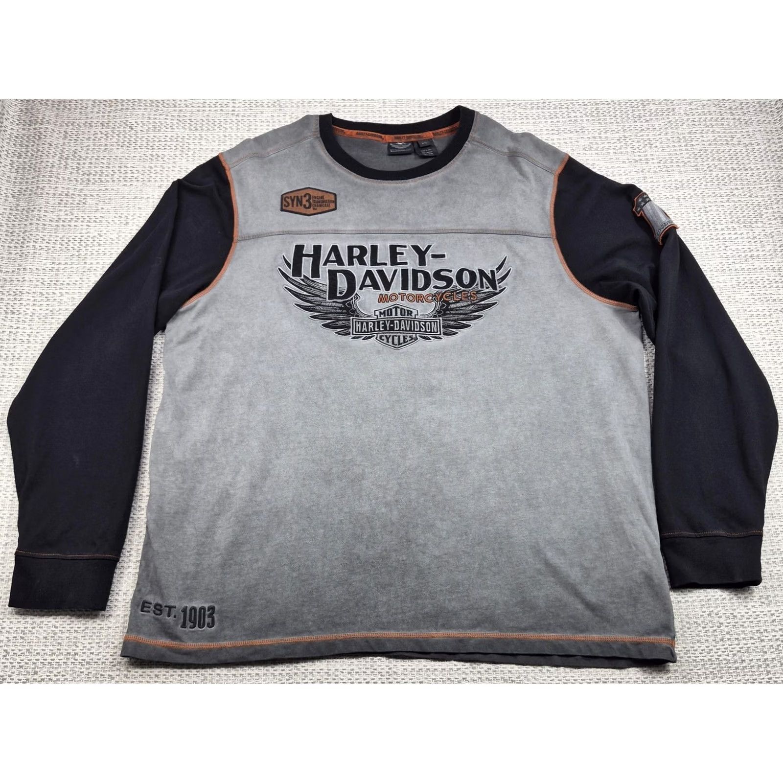 Harley Davidson Harley-Davidson Shirt Mens 2XL Long Sleeve Graphic Tee Embroidered #1 BIker Gray Cotton Knit Crew Neck Logo Patch Back Graphic Size US XXL / EU 58 / 5 - 2 Thumbnail
