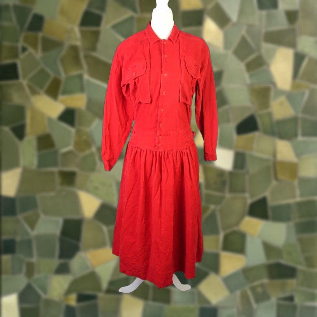 Toffs VINTAGE Toffs Red Corduroy Drop Waist Midi Shirt Dress S Women Long Sleeve Button Front 100% Cotton Pockets 90s Western Size S / US 4 / IT 40 - 1 Thumbnail