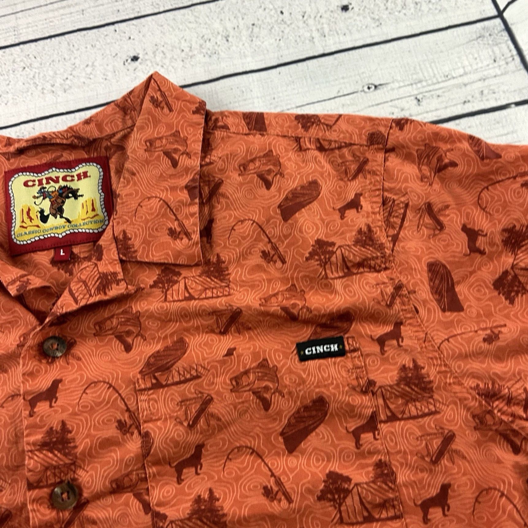 Gloverall CINCH Shirt Short Sleeve Western All Over Print Button Front Men's Large Orange Size US L / EU 52-54 / 3 - 3 Thumbnail