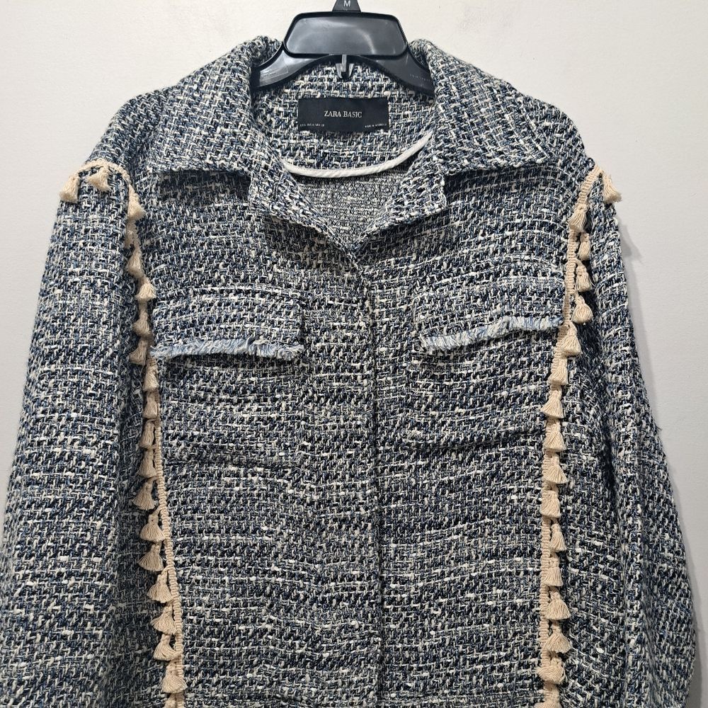 Zara Zara Tweed Jacket Boho Western Tassel Pockets Medium Blue/Wh Size M / US 6-8 / IT 42-44 - 8 Thumbnail