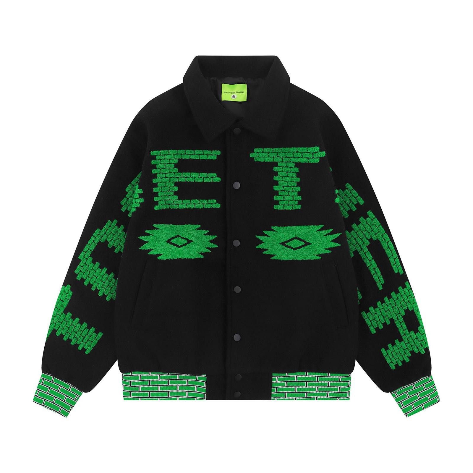Japanese Brand Black Wool Varsity Jacket with Green Brick Pattern Size US M / EU 48-50 / 2 - 1 Thumbnail