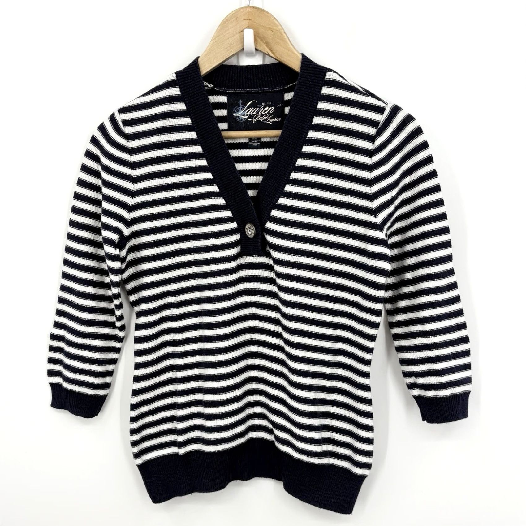 Ralph Lauren Lauren Ralph Lauren Top Womens Small Nautical Fisherman Coastal Knit Preppy Y2K Shirt Pullover Navy Blue Cotton V-Neck Raglan Sleeve Embroidered Logo Size S / US 4 / IT 40 - 2 Thumbnail