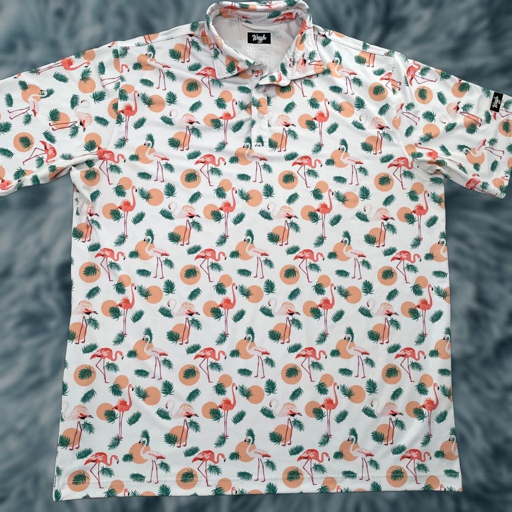 Vintage Waggle Shirt Golf Polo 2XL Mens Performance Stretch White Flamingo Print All Over Breathable Casual Polo Shirt Size US XXL / EU 58 / 5 - 1 Thumbnail