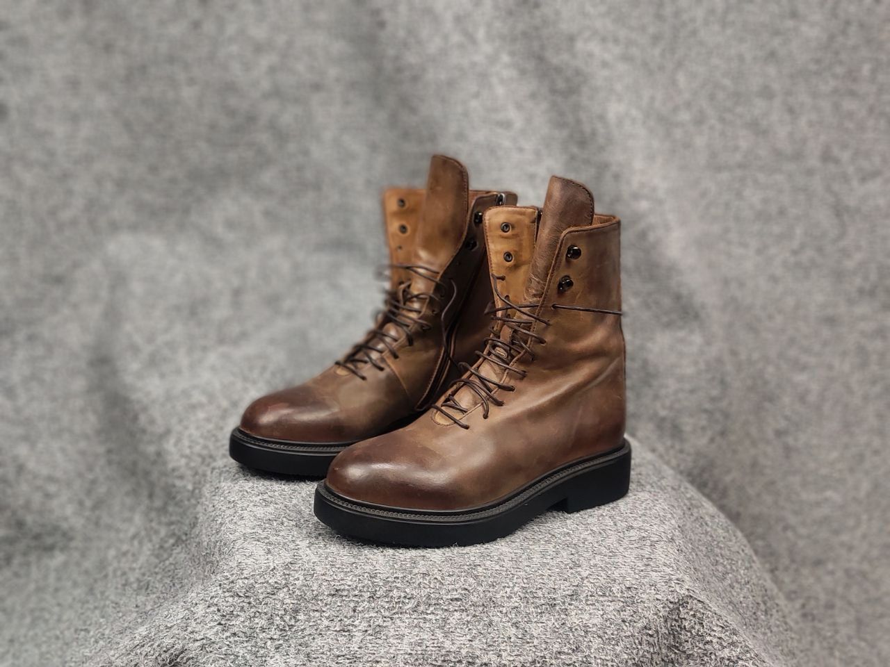 Lemargo Design Combat Leather Brown Lace Up Zip Womens Boots