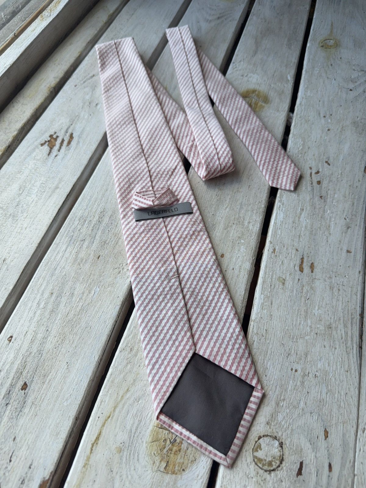 Designer × Karl Lagerfeld Vintage Karl Lagerfeld Striped Tie – Pink & White Seersucker Size ONE SIZE - 5 Thumbnail