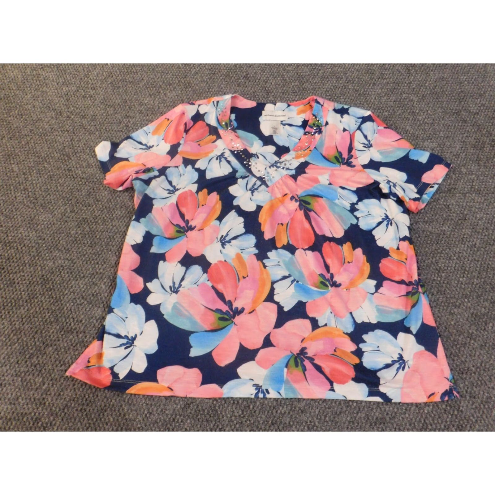 Vintage Alfred Dunner Blouse L Blue Floral Pink Coastal Stretch Polyester Women Regular Vintage No Size L / US 10 / IT 46 - 4 Thumbnail