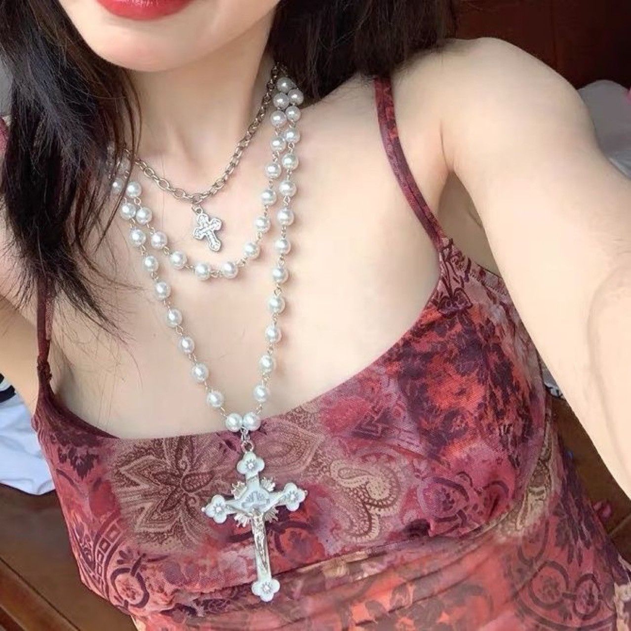 Other Y2K Layered Beaded Cross Necklace Size ONE SIZE - 1 Thumbnail