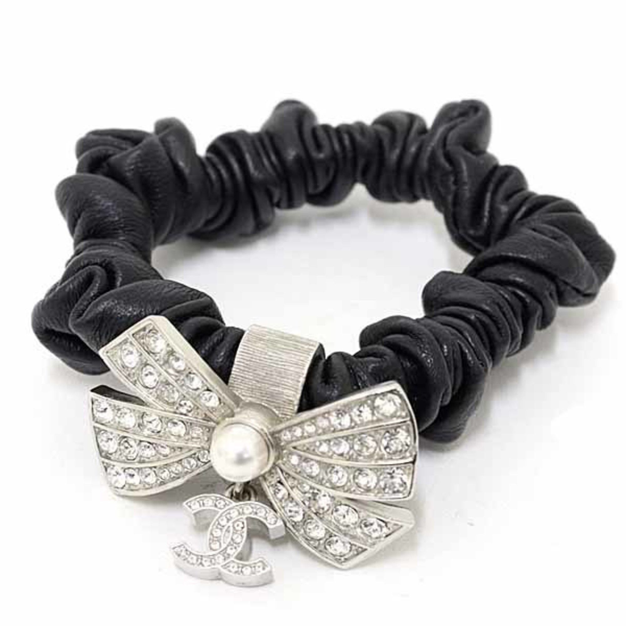 CHANEL Hair Scrunchie with Coco Mark Ribbon Rhinestones Faux Pearls Leather and Metal A22P