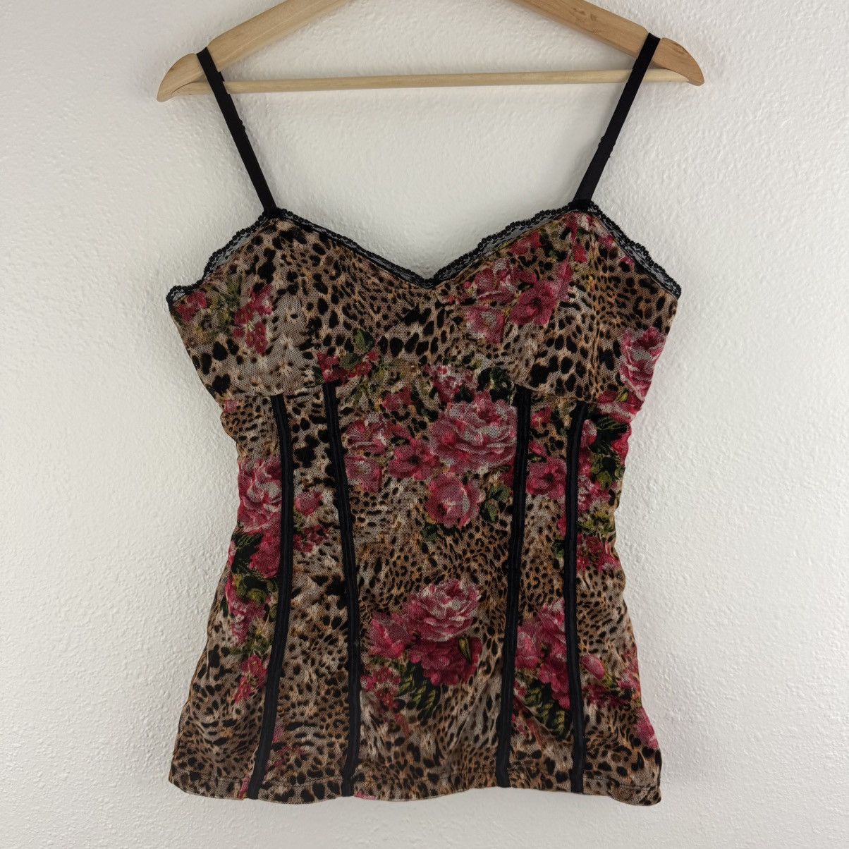 Other Vintage Y2K Tan Pink Leopard Rose Corset Mesh Cami Tank Top Size L / US 10 / IT 46 - 3 Thumbnail