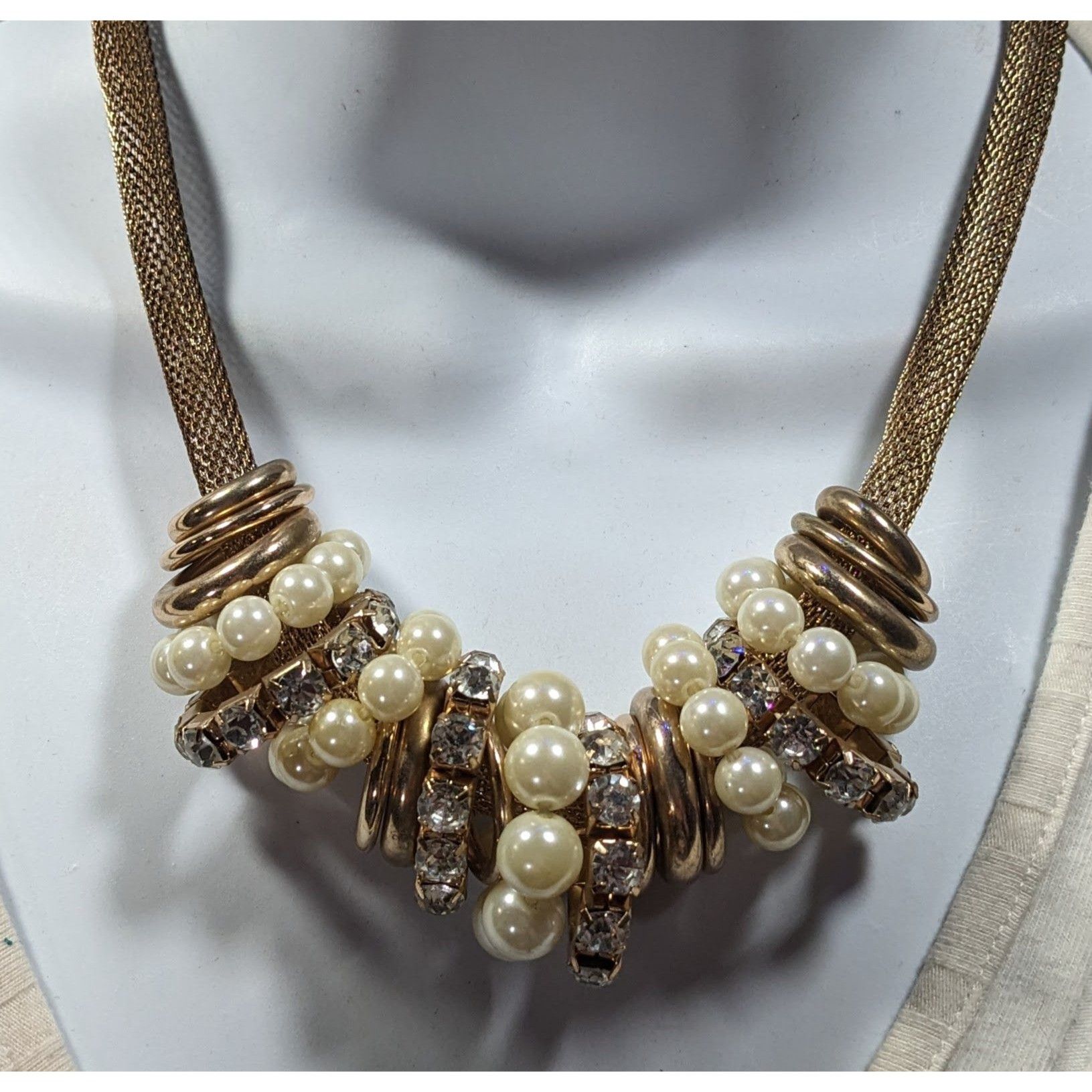 Other Vintage 80s Glam Faux Pearl And Rhinestone Ring Statement Ne Size ONE SIZE - 4 Thumbnail