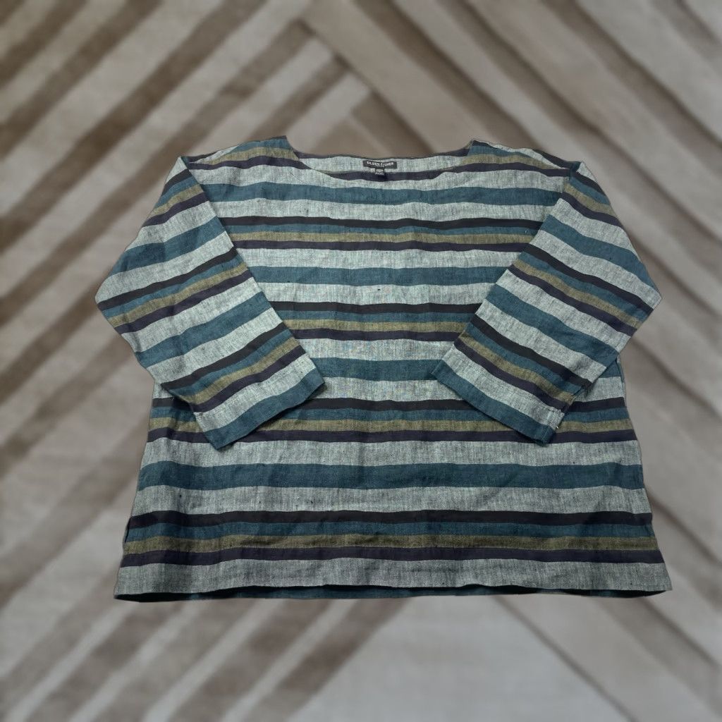 Eileen Fisher Blouse Shirt Teal Organic Linen Bateau Neck Striped 3/4 Sleeve Petite PM Women Sh
