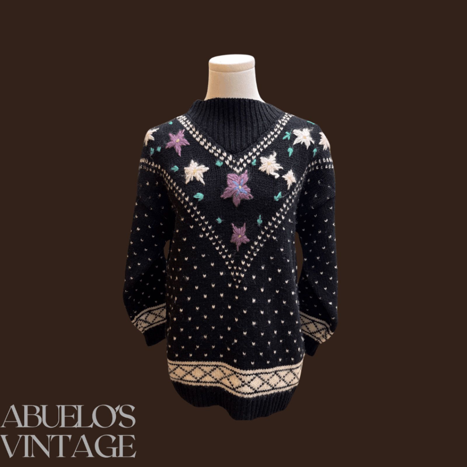 Vintage VTG Knit Sweater | Crescendo Floral Black Wool | 90s Indie Size S / US 4 / IT 40 - 1 Thumbnail