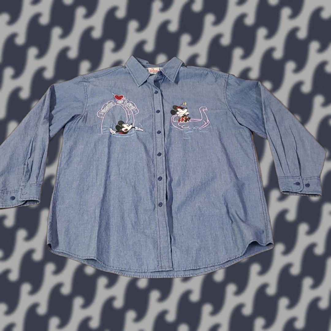 Disney VINTAGE The Disney Store Mickey Minnie Tunnel Of Love Cotton Button Up Shirt L Women Blue Button Up Shirt Womens Size L / US 10 / IT 46 - 1 Thumbnail