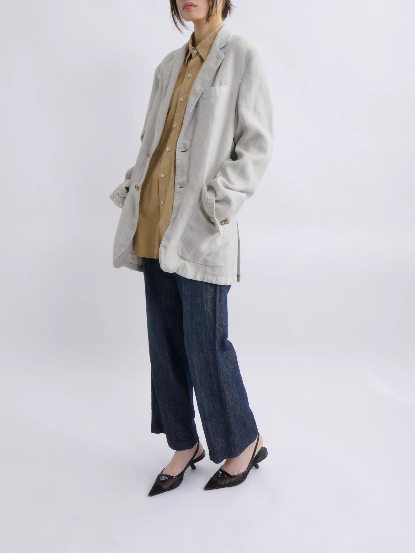 Prada PRADA 2000s Rare Convertible Collar Linen Beige Blazer 46 Size 46R - 3 Thumbnail