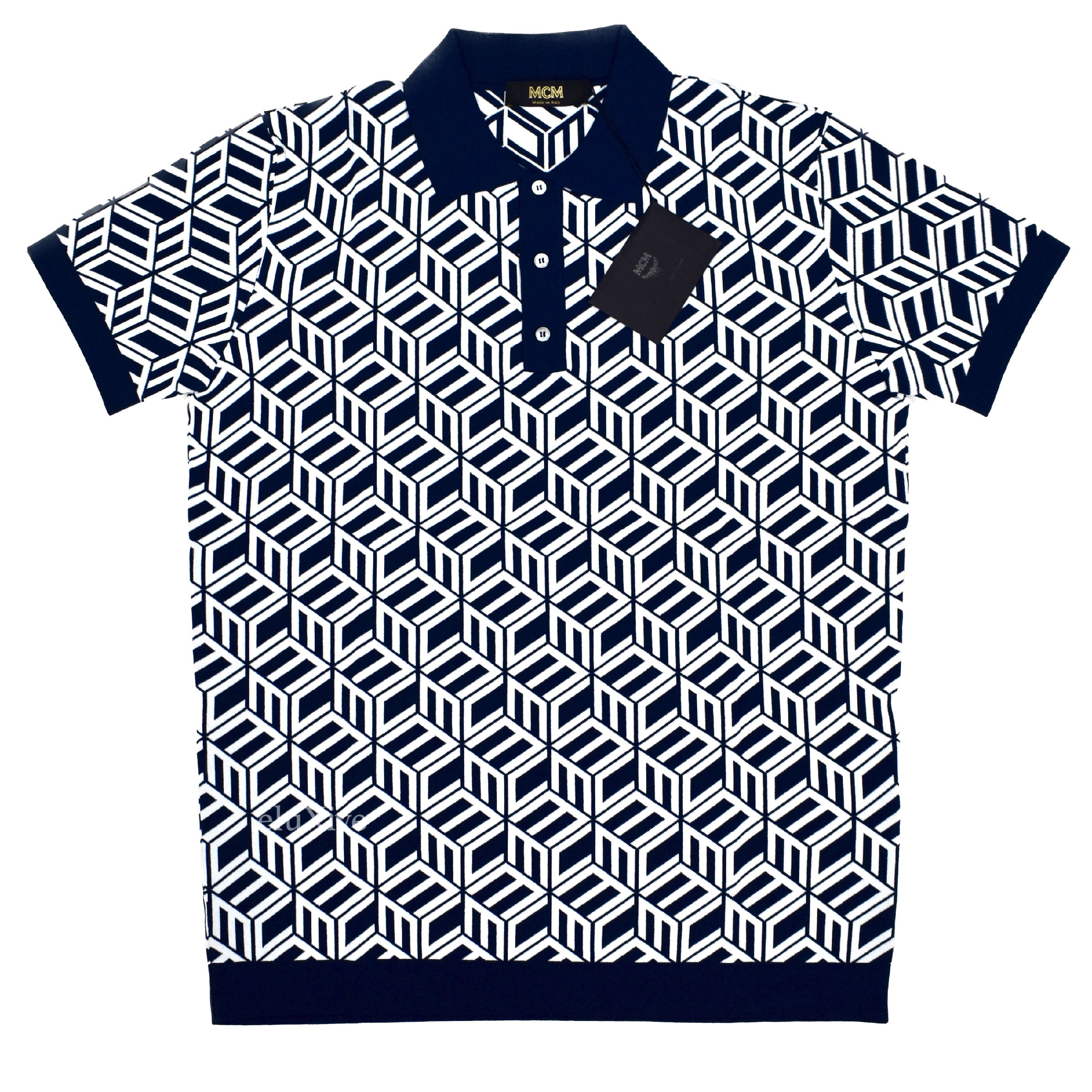 MCM MCM Cubic Monogram Logo Knit Polo Shirt Navy White Size US M / EU 48-50 / 2 - 1 Preview