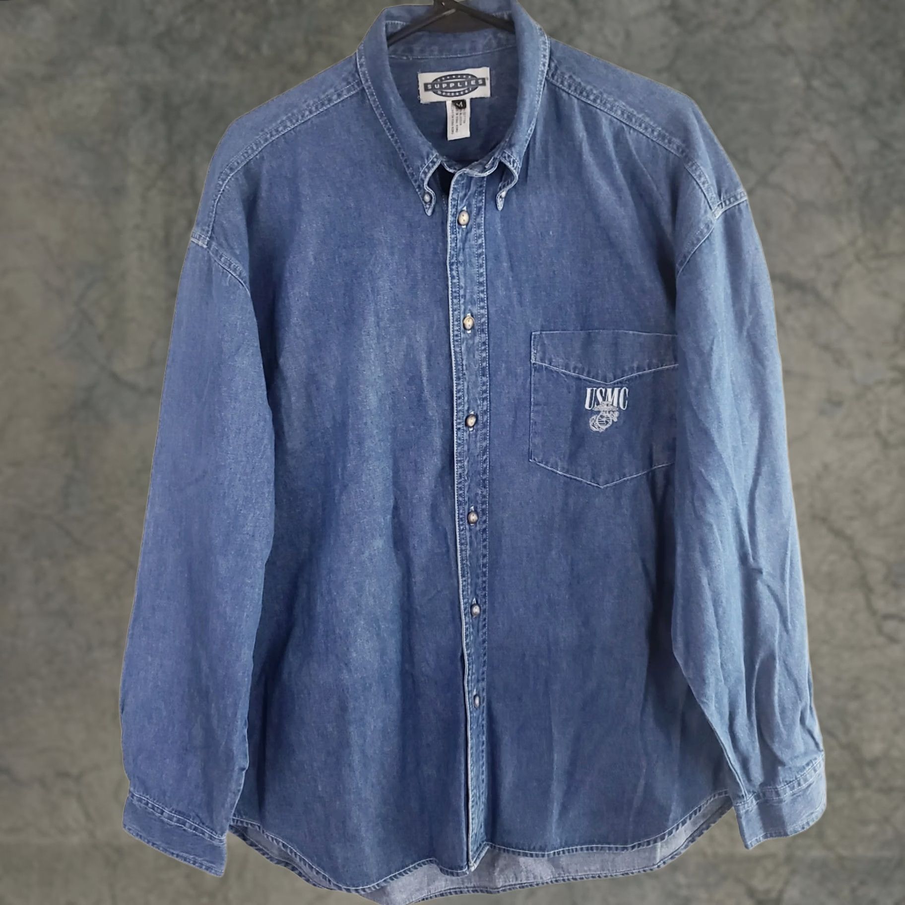 Denime Supplies Menswear Mens Denim Button-Up Shirt Blue with USMC Marines Logo Pocket Long Sleeve Collared Button-Up Regular Fit M Boys Mens Girls? Size US 31 - 1 Thumbnail