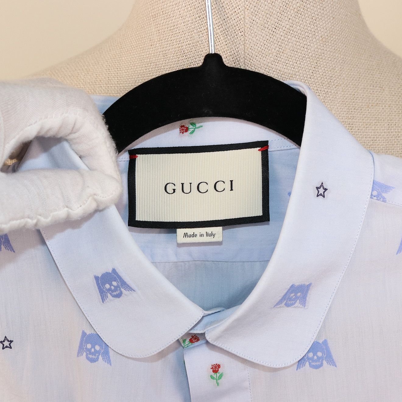 Gucci Gucci White Shirt with Blue Skull Embroidery and Club Collar Size US M / EU 48-50 / 2 - 6 Thumbnail