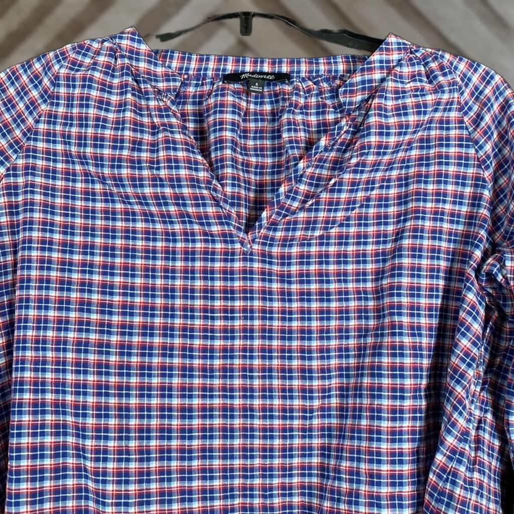 Madewell Madewell Blouse Womens Plaid V-Neck Long Sleeve Linen Blend S Internals Multicolored Blue Size S / US 4 / IT 40 - 1 Thumbnail