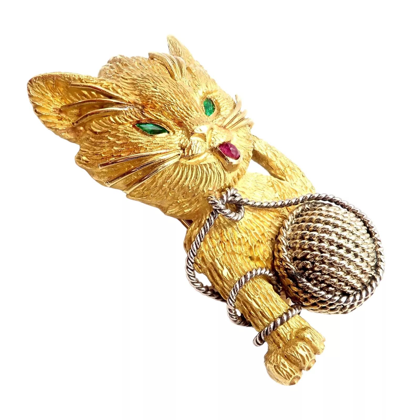 Tiffany & Co. 20k Yellow Gold Ruby Emerald Cat Yarn Pin Brooch Size ONE SIZE - 8 Thumbnail
