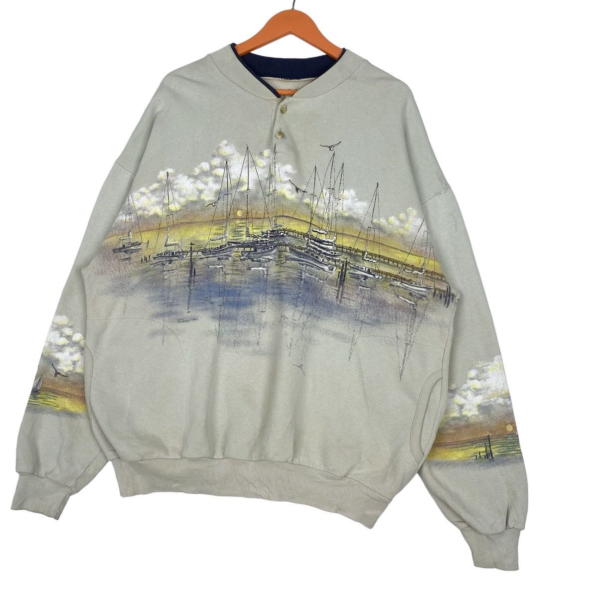 Designer × Vintage Sailboat Sunset Half Button Sweatshirt Pullover Jumper Size US XL / EU 56 / 4 - 3 Thumbnail