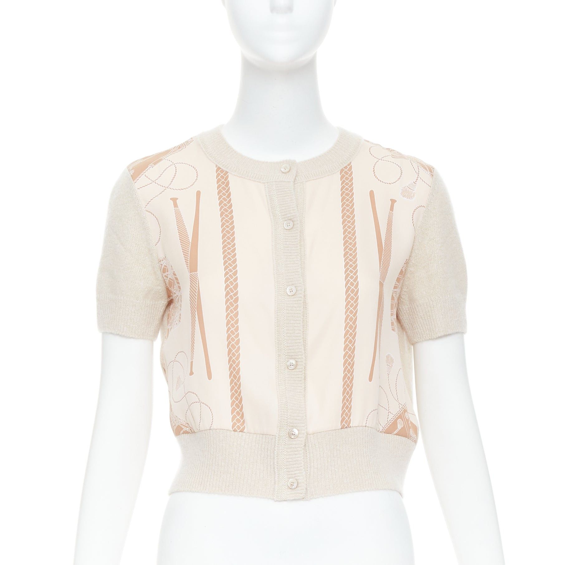 Hermes HERMES beige nude cashmere blend graphic silk crop cardigan FR38 M Size M / US 6-8 / IT 42-44 - 1 Thumbnail