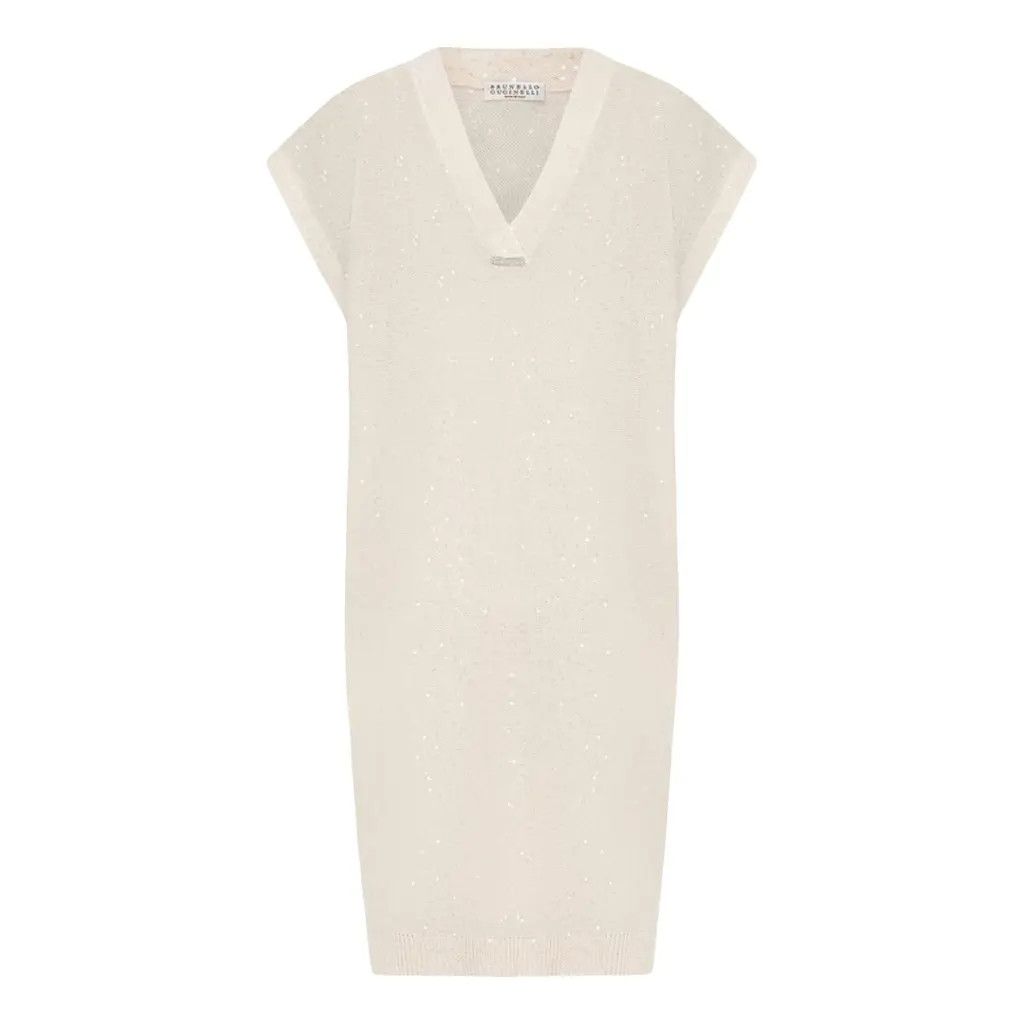 Brunello Cucinelli Brunello Cucinelli Beige Sequin Linen Silk Knit Mini Dress L Size L / US 10 / IT 46 - 2 Thumbnail