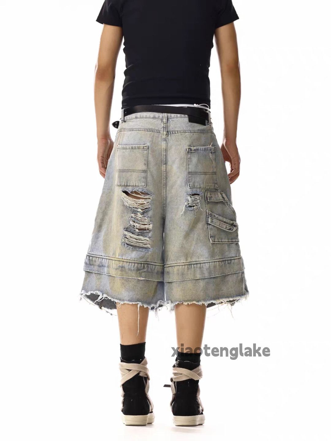 Designer × Jean × Vintage Unisex washed stain paint grunge double waist shorts Size US 32 / EU 48 - 3 Thumbnail