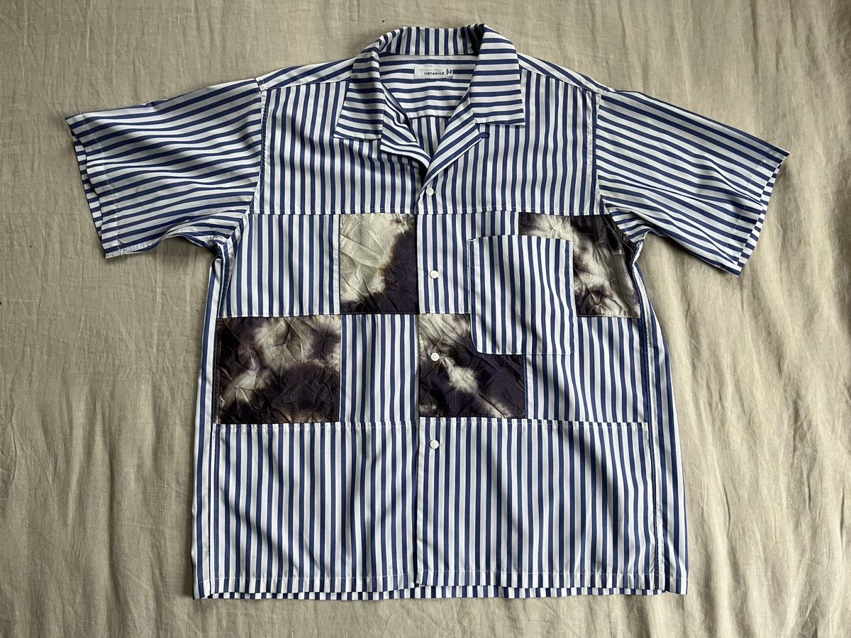 image of Nanamica Camp-Collar Patchwork Striped Poplin Shirt in Blue, Men's (Size Medium)