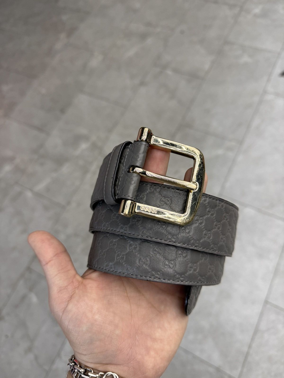 Gucci GG Embossed Monogram Grey Leather Belt