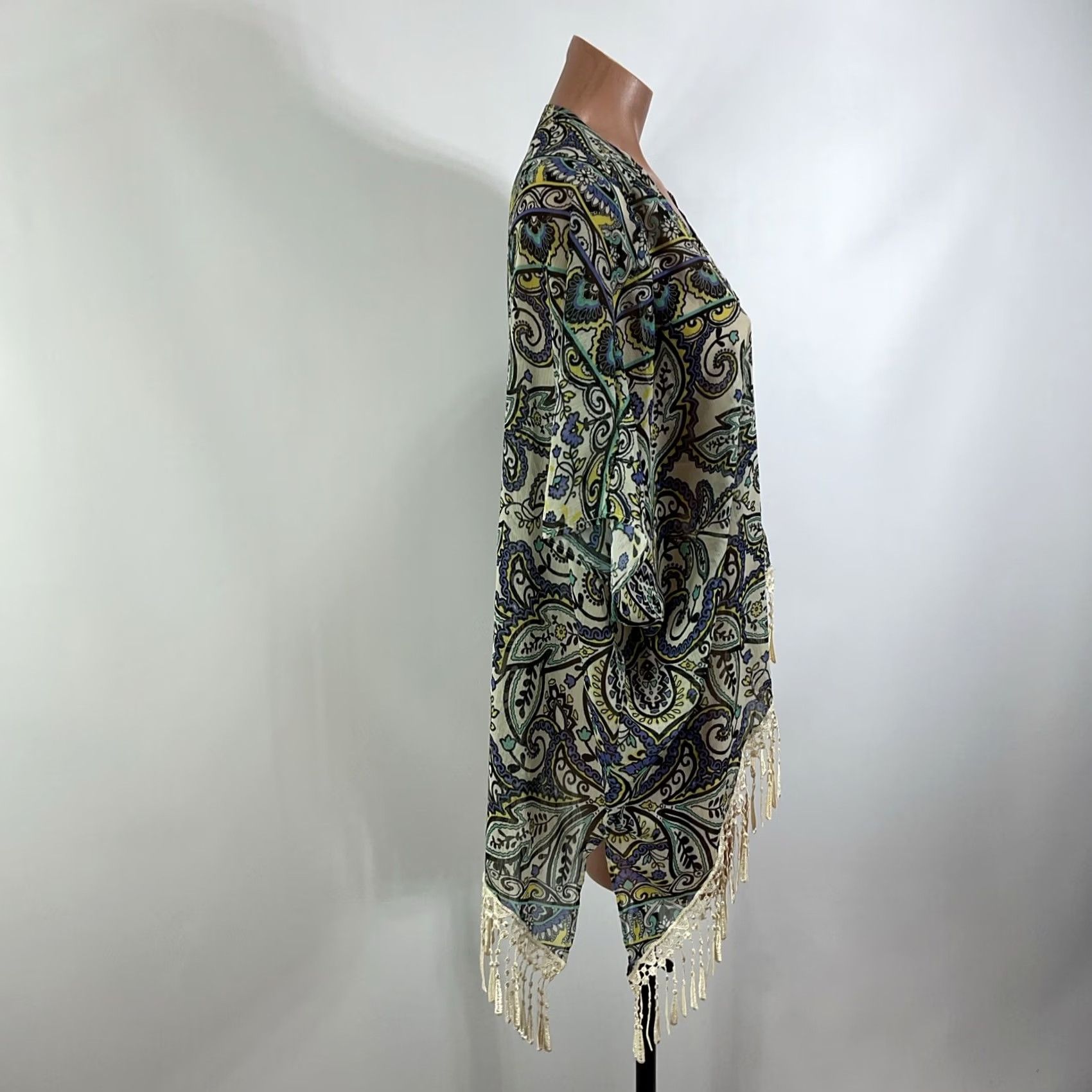 Vintage VINTAGE BECCA fringe trim swim cover up kaftan blue Paisley Floral XS Women Cover Up Fringe XS Blue Paisley Floral Size ONE SIZE - 5 Thumbnail