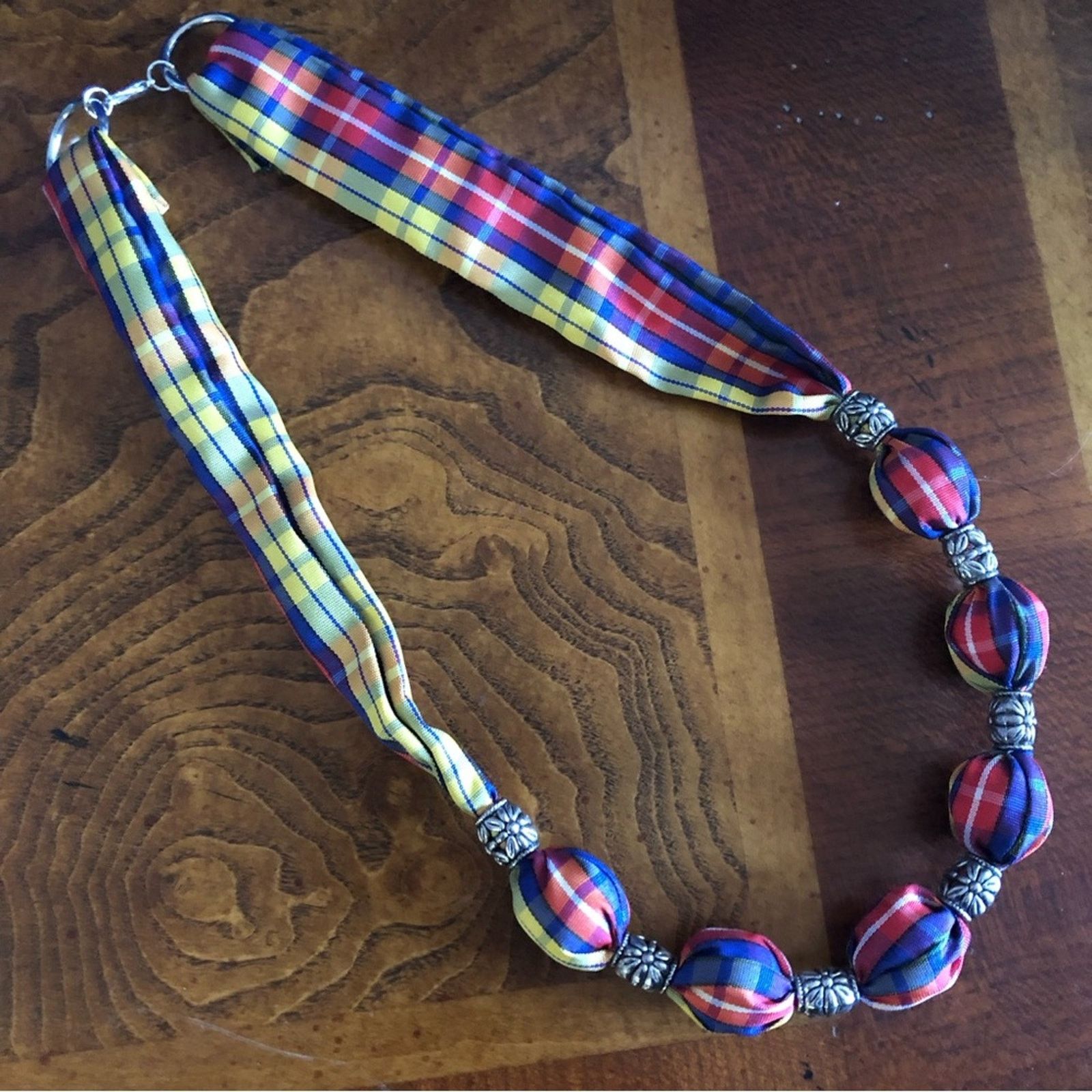 Handmade Country Girl red yellow & blue plaid fabric bead necklace Size ONE SIZE - 7 Thumbnail