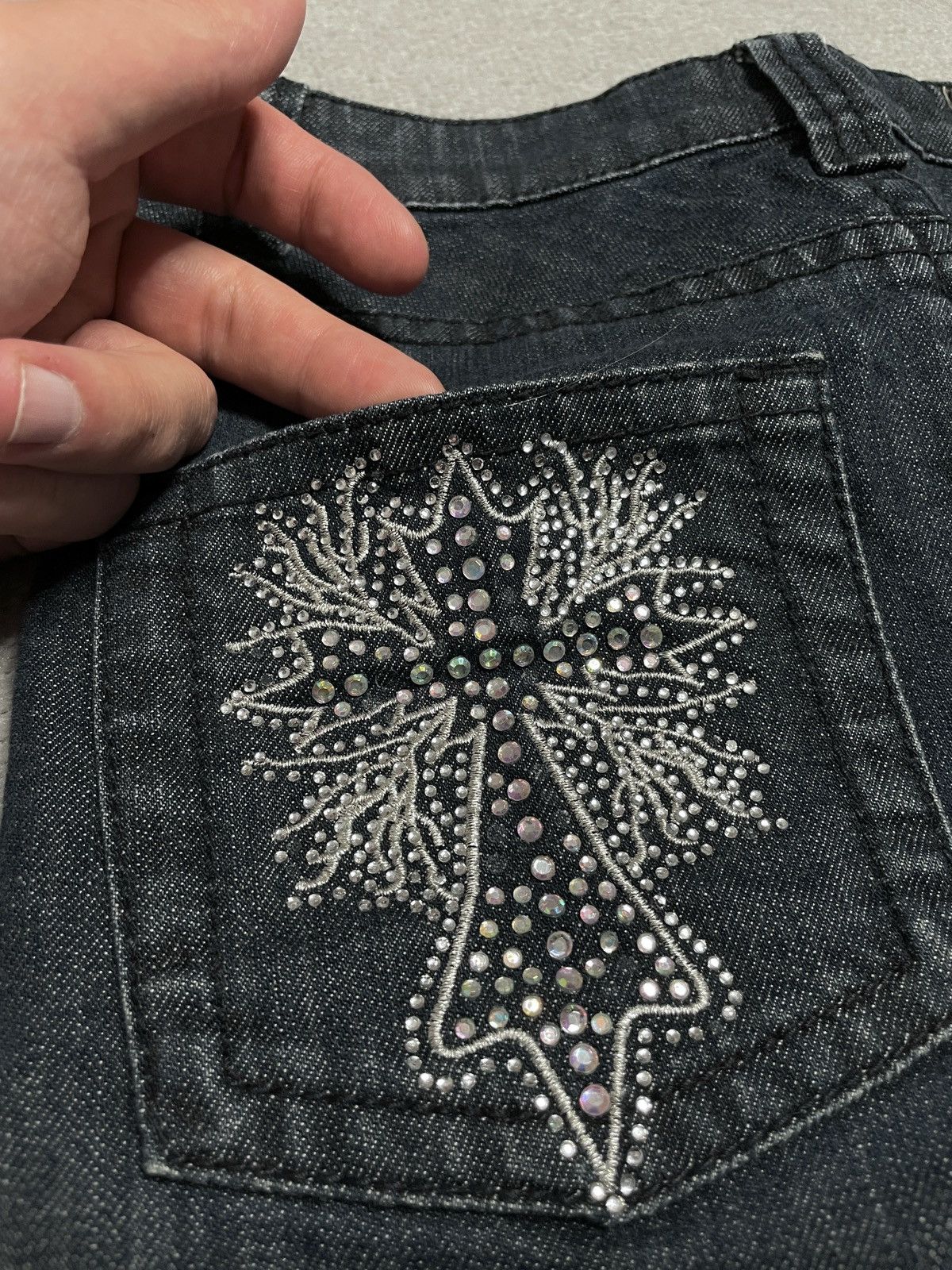 Vintage Vintage Denim Jeans Navy Midi Skirt Cross Crystals Drip Size 25" / US 0 / IT 36 - 2 Thumbnail