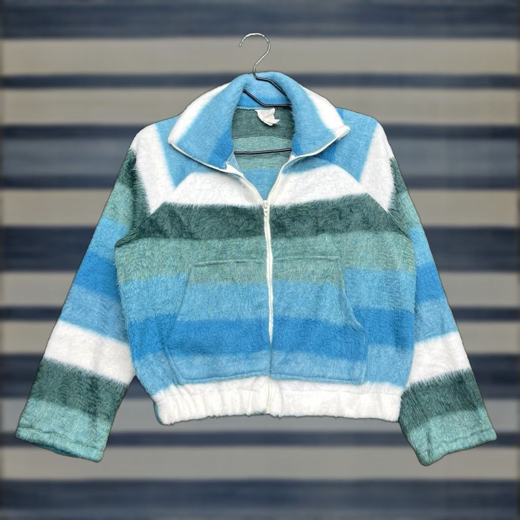 Vintage VINTAGE Montgomery Ward Jacket Womens M Fuzzy Striped Fleece 1/4 Zip Blue Wool? (Oops) Size M / US 6-8 / IT 42-44 - 1 Thumbnail