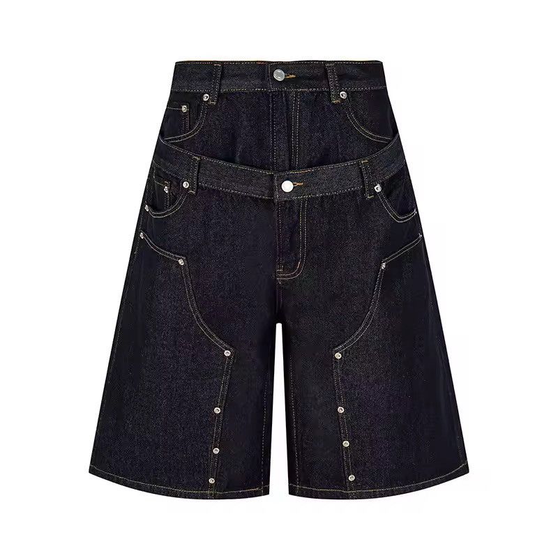 Jean Streetwear Rivets Double Waisted Denim Shorts Jorts Size US 31 - 1 Thumbnail
