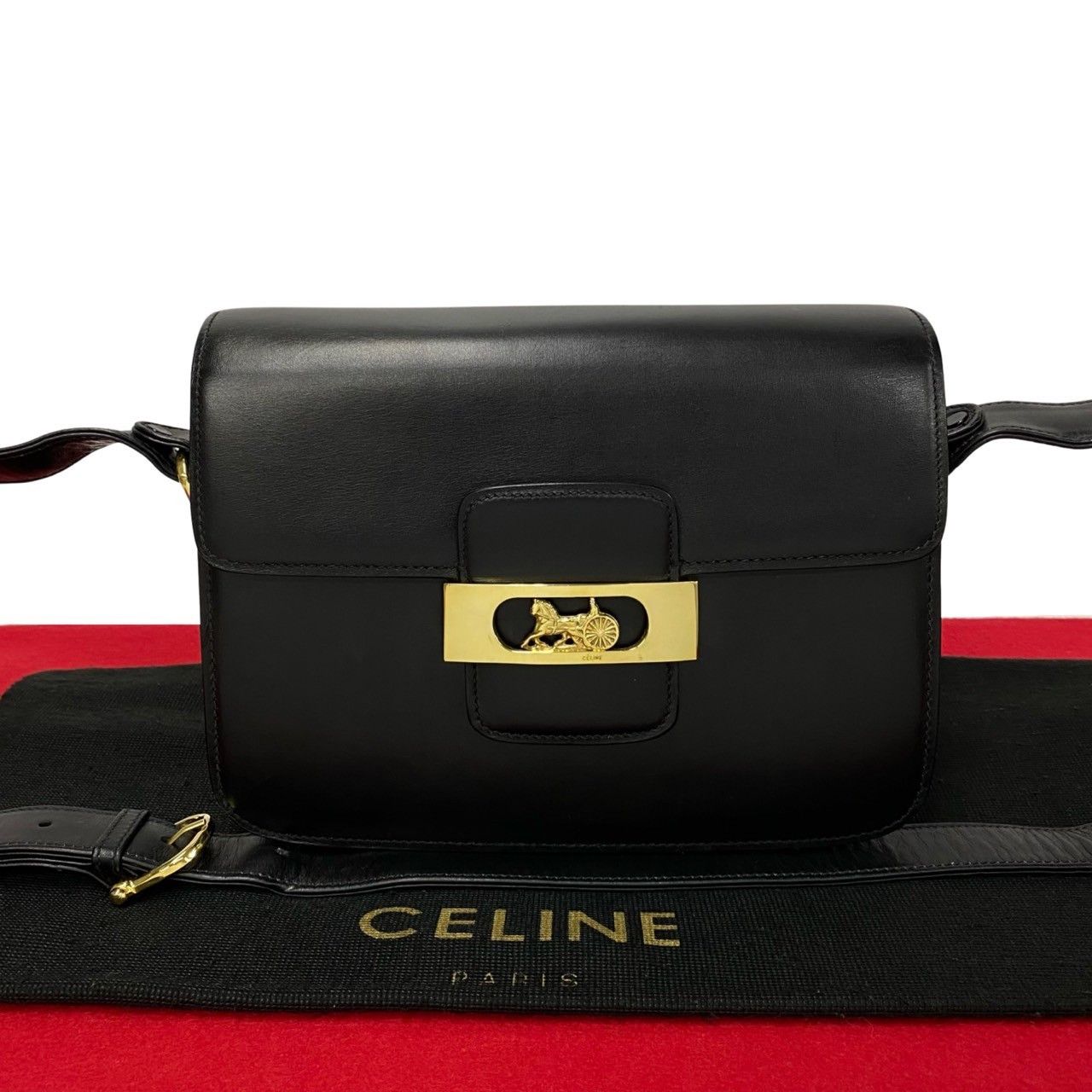 image of Celine Leather Carriage Crossbody Bag in Black, Women's