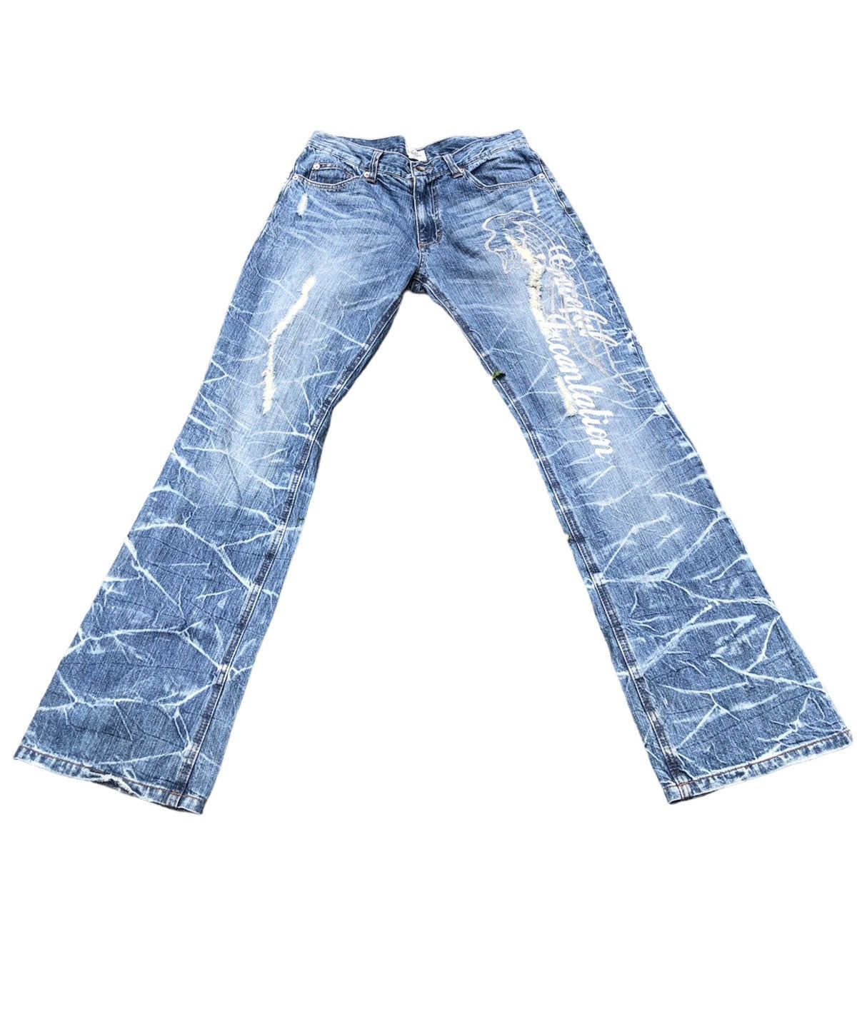 image of Distressed Denim x Hysteric Glamour Nylaus Distressed Thunder Strike Wings Paint Lo Rise Jean in Bl