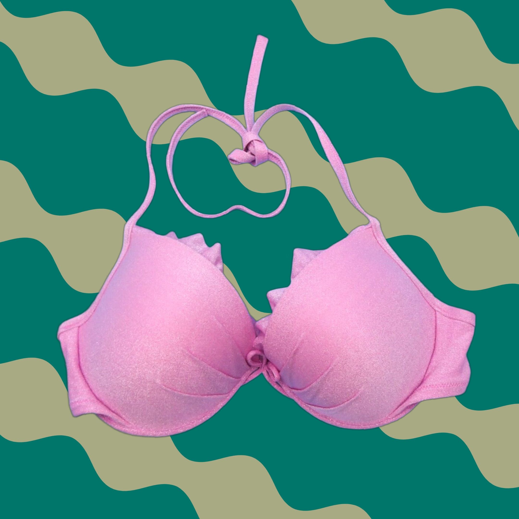 Victoria's Secret Bikini Top Pink Bombshell Ruffle Padded Underwired Halter 38C Women Beach Top Top