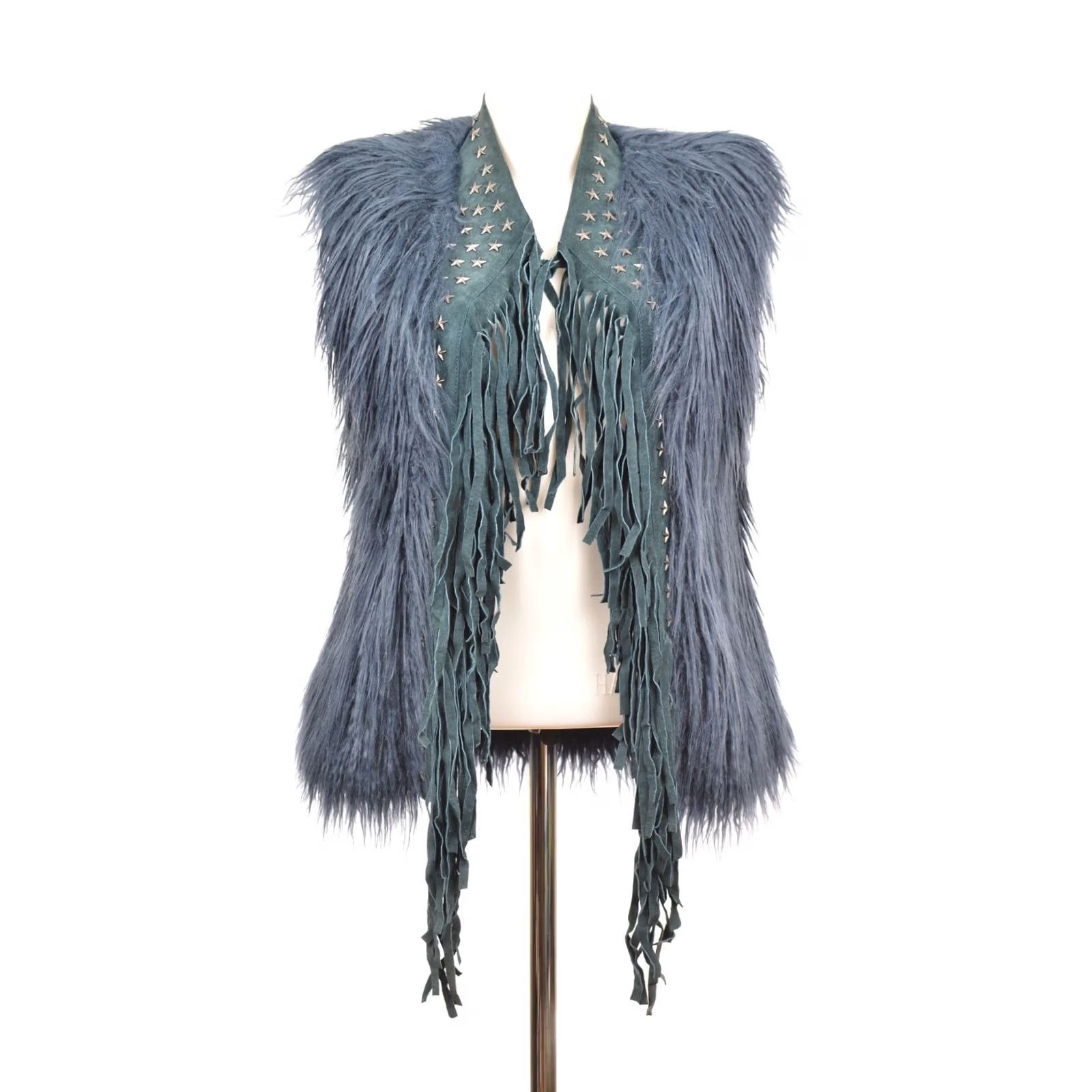 GOOSECRAFT Goosecraft Gallery Contract 7301 Fringed Leather Acrylic Biker Vest Gilet S Blue Women Vest Size S Size S / US 4 / IT 40 - 2 Thumbnail