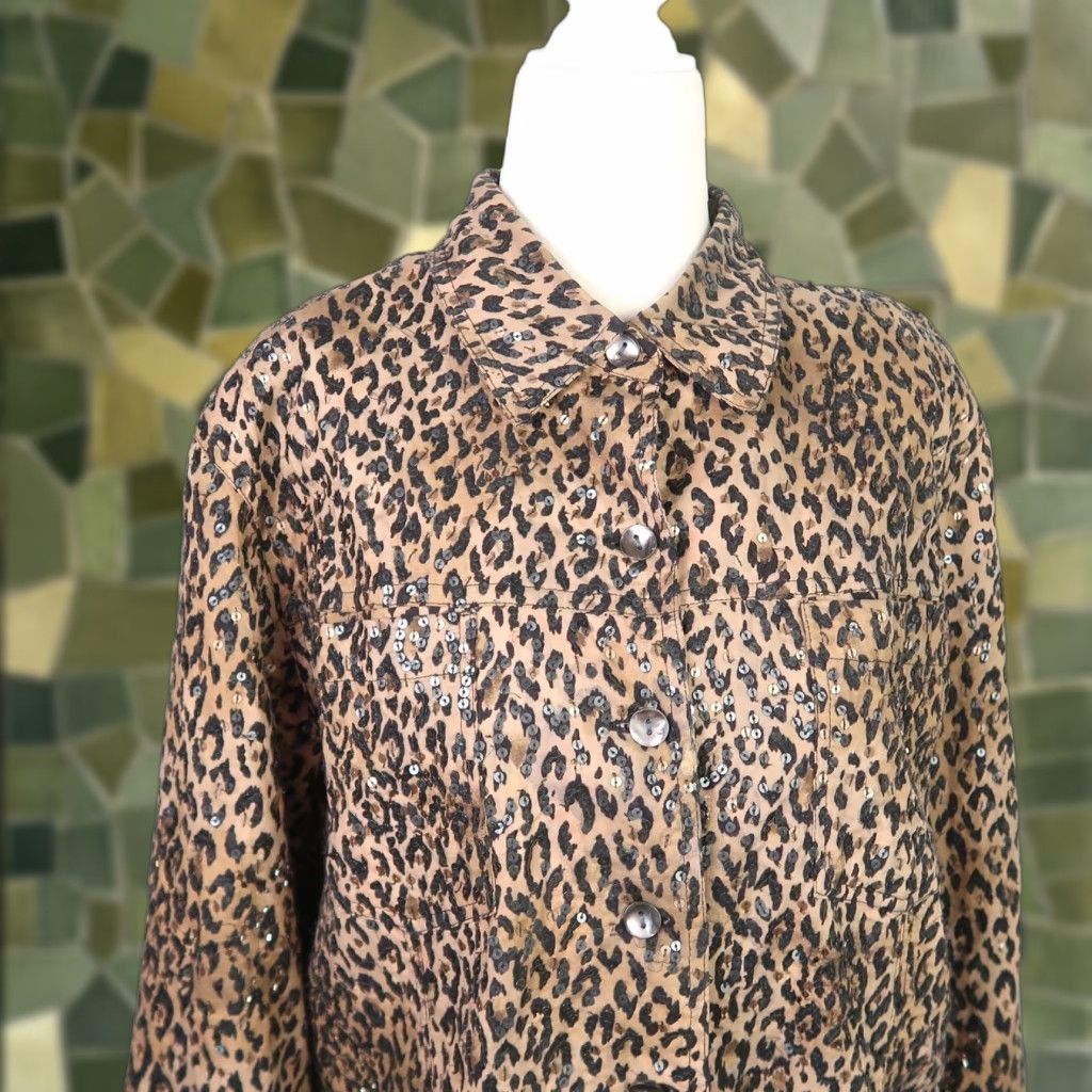 Vintage VINTAGE Chico's Leopard Sequin Jacket Leather? No, Cotton Short Jacket 90s Woman L Brown Black Sequin Button Front 2 / Large Girls Womens Mens? Size L / US 10 / IT 46 - 1 Thumbnail