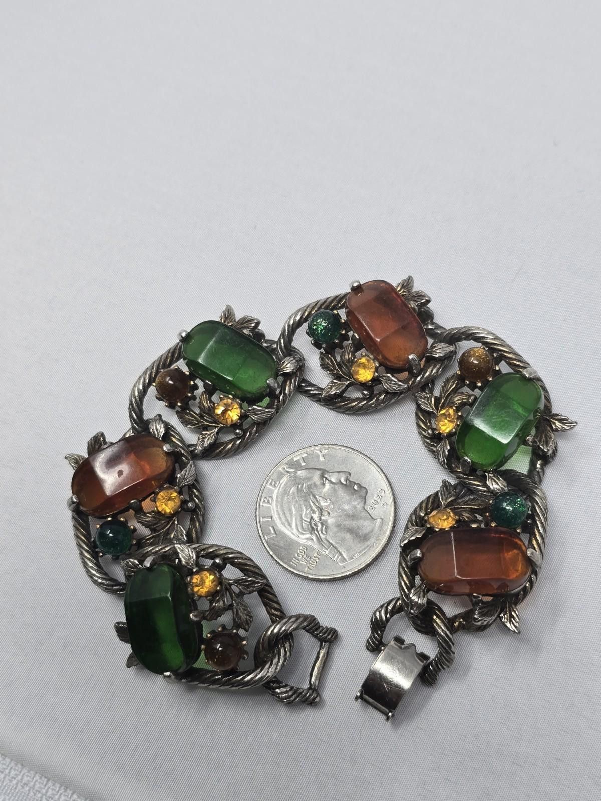 Selini 1960s Silver Tone Bracelet Green Red Cab Vintage